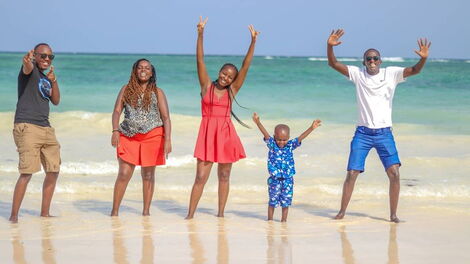 Kenyan content creators Abel Mutua and Njugush having fun with their families in Mombasa