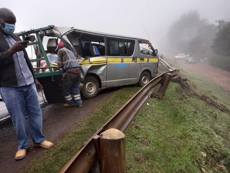 A wreckage of a 14-seater matatu that was involved in an accident along the Nairobi – Nakuru highway on Thursday, July 8