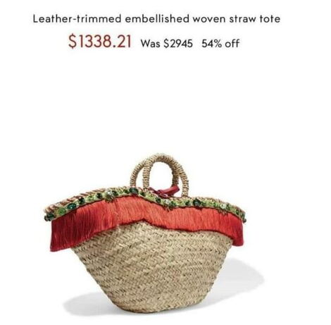 The leather-trimmed embellished woven straw tote bag on an Italian luxury fashion house.