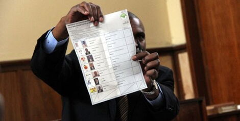 A ballot paper displayed in a Nakuru court by a judicial official during a vote scrutiny in 2013