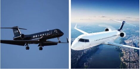 A photo collage of a black jet(left) and a white jet(right) flying