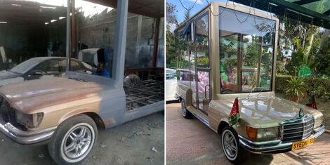 The before and after photos of a customised Mercedes Benz 116.
