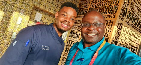 Chef Cyprian Machangoh together with TV journalist Alex Chamwada in Dubai on October 31, 2021.