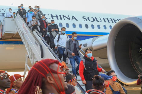 Tourists from China arrive at Kenyatta International Airport, Nairobi on February 11, 2023.