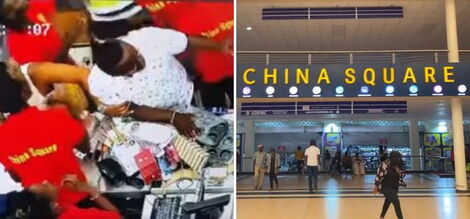A screenshot of a fight that ensued at a store in China Square (left) and the entrance to the shopping hub located at UniCity, along Thika Road.