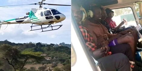 A photo collage of the suspected chopper airborne(left) and the suspected bandits aboard the chopper (right)