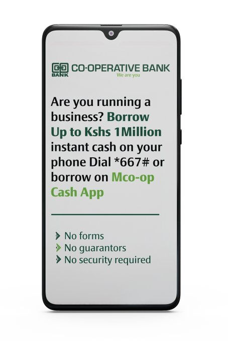 Borrow up to Ksh1 Million instant cash on your phone by dialling *667# or via the MCo-opCash App.