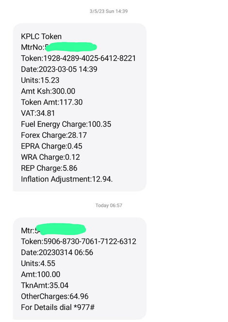 A screenshot of the old Kenya Power token message (top) and the newly introduced model (bottom).
