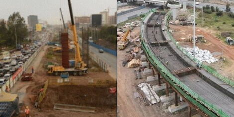 A before and after image showing the progress of the Nairobi Expressway at City Cabanas.