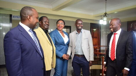 From Left; Suna East MP Junet Mohammed, ODM Leader Raila Odinga, Malindi MP Aisha Jumwa, Kibra MP Imran Okoth, and Saboti MP Caleb Amisi at Jumwa's office in Parliament buildings on Tuesday, October 1, 2019.
