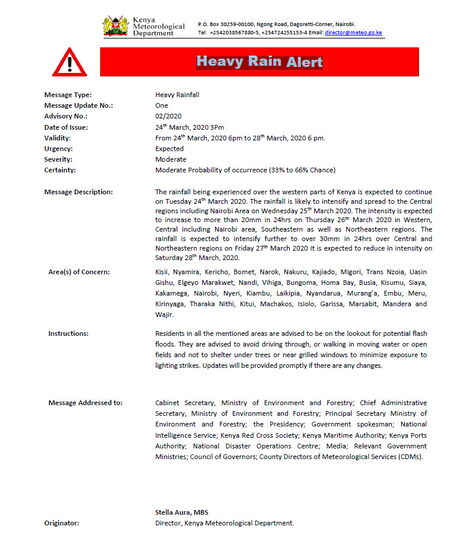 A heavy rains alert issued by the Kenya Meteorological Department on Tuesday, March 24, 2020.