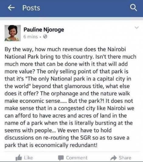 A screenshot of a past post by newly-appointed Tourism Regulatory Authority Board Member Pauline Njoroge