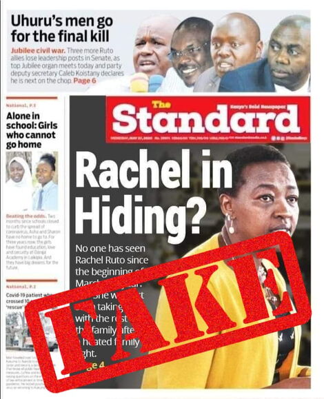 The Standard newspaper on May 27, 2020, clarified that the story about Rachel Ruto fleeing from Deputy President William Ruto's Karen home was false