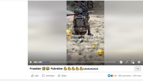 A screengrab of the video doing rounds on social media alleging that Russian soldiers are using outdated weapons in their invasion of Ukraine