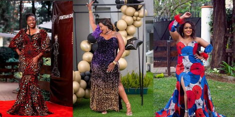 Some of Mkwiche's creations on actress Jacqueline Nyaminde (left), radio personality Kamene Goro (middle) and musician Judith 'Avril' Nyambura (right)