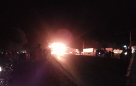 A bus on fire at Masimba Area on November 3, 2020.