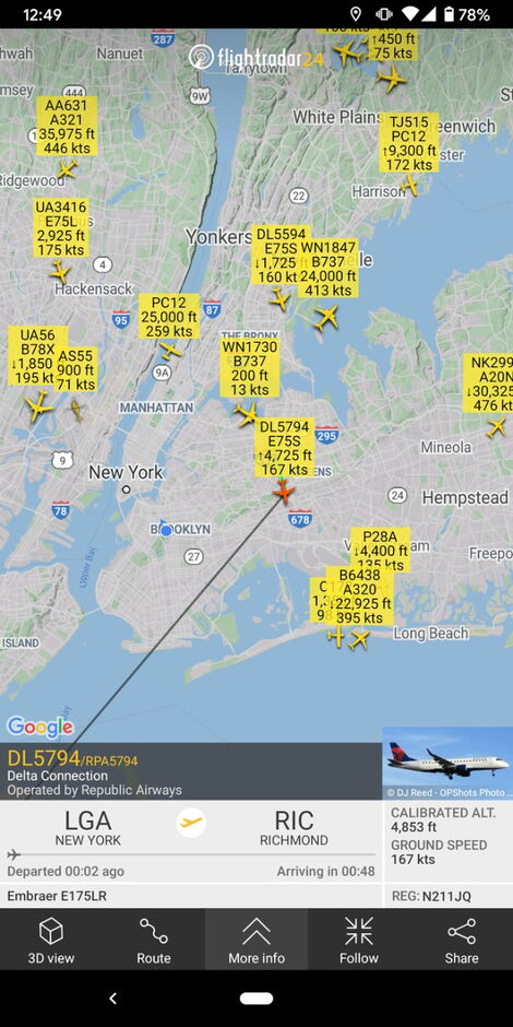 Screenshot showing Flightradar24 tracking different planes in the sky