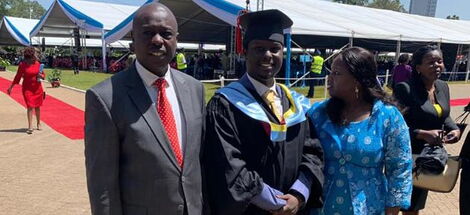 Kenya Kwanza's running mate, Rigathi Gachagua, (left) poses for a photo alongside his son, Keith Ikinu Rigathi, and his wife Dorcas Wanjiku at UoN in December 2019. 