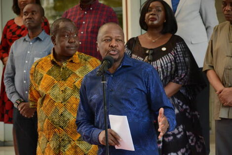 Health CS Mutahi Kagwe speaking during a press conference at Harambee House on March 15, 2020