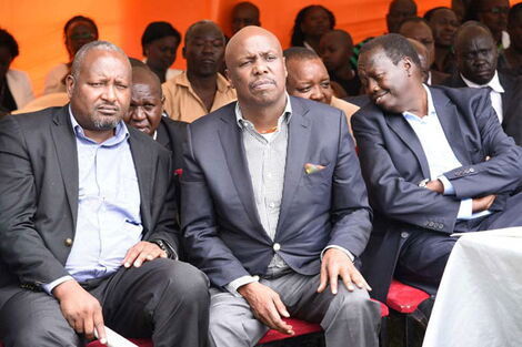 KANU secretary general Nick Salat (left), Baringo Senator Gideon Moi (centre) and former Baringo Governor Benjamin Cheboi at Kapchepkor during the burial of politician Yano Singei.