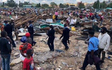 Police at the scene of the demolitions at Gikomba market in Nairobi on July 14, 2020.