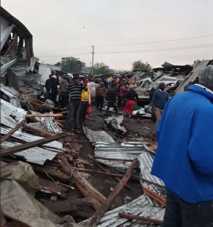 Police at the scene of the demolitions at Gikomba market in Nairobi on July 14, 2020.