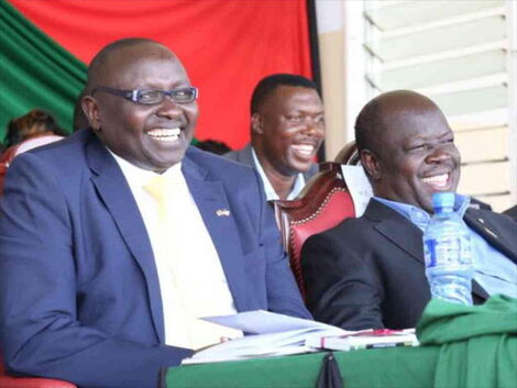 Trans Nzoia Governor Patrick Khaemba (R) with his Deputy Stanley Tarus at a function in Kitale town.