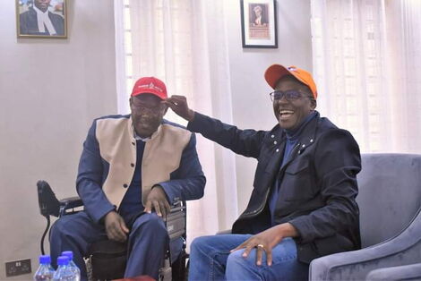 Westlands MP Tim Wanyonyi (left) and Jubilee Party Nairobi gubernatorial aspirant Polycarp Igathe after a meeting on Thursday, April 28, 2022. 