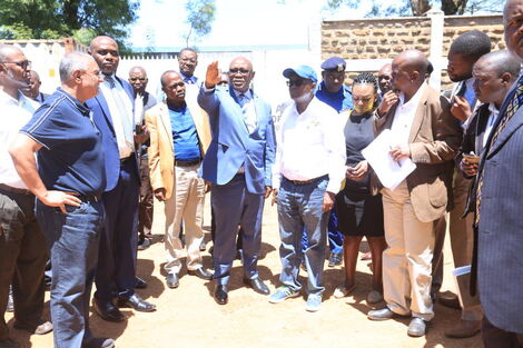 Kisii Governor James Ongwae (centre) leads National Government officials on a tour of Gusii Stadium.