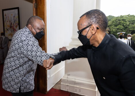 President Uhuru Kenyatta and Rwanda's President Paul Kagame during state house meeting in Nairobi on Thursday February 3, 2022