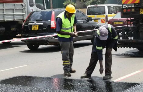KeNHA workers conducting road maintenance work on Thika Super Highway 