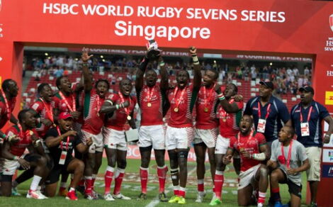 kenya sevens Rugby team posing for a photo after they won in Singapore in 2016.