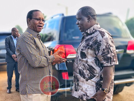Interior Principal Secretary Karanja Kibicho(L) and Interior CS Fred Matiang'i during a meeting on February 28, 2020.