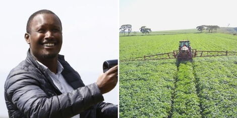 A side-by-side image of James David Kimoi Moi and the farm owned by Agrico East Africa Company in Nakuru County