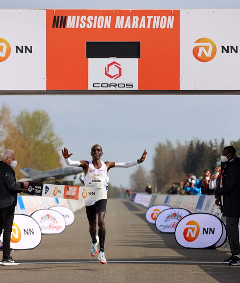Marathon legend Eliud Kipchoge crosses the finish line at the NN Mission Marathon in Netherlands on April 18, 2021.