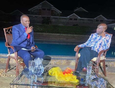 K24 anchor Daniel Kituu(left) during an interview with Former Makueni governor Kivutha Kibwana(right) on November 21, 2021