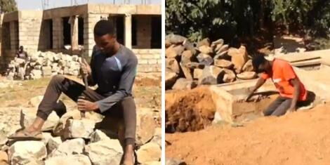Screengrabs of Nehemiah Koech digging up a septic tank on Wednesday, February 1, 2023