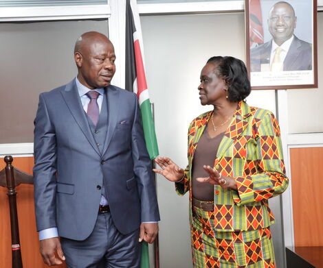 Prof. Edward Kisiang'ani, the Permanent Secretary in the State Department of Broadcasting and Telecommunications and former PS Esther Koimett on December 2, 2022