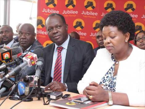 Jubilee former deputy secretary-general Caleb Kositany, secretary-general Raphael Tuju and Veronica Maina at Jubilee House on February 22, 2017.