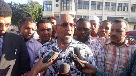 Mr Rishad Ahmed Amana speaks outside Malindi Law Courts on February 21, 2018