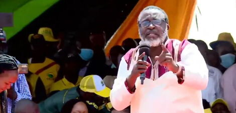 Meru Senator Mithika Linturi addresses the crowd at the UDA rally in Eldoret on Saturday, January 8, 2021