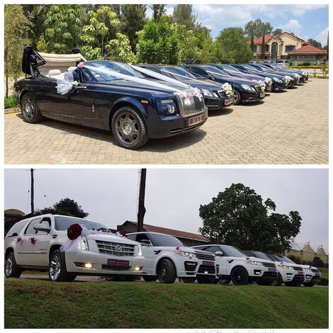 A convoy of luxury vehicles at a wedding 