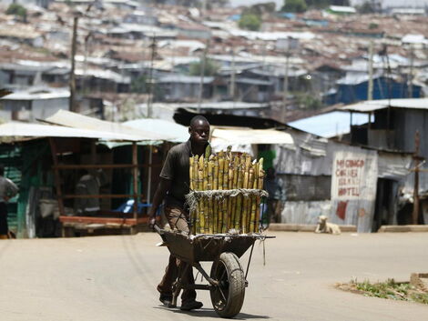 Sugarcane vendor pushes a wheelbarrow.
