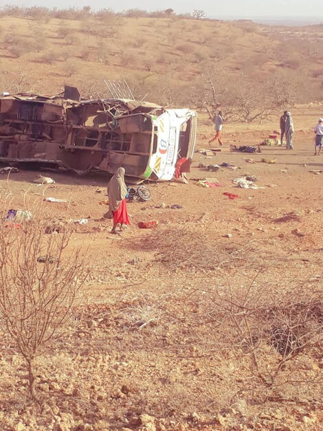 A Mandera-bound bus overturns after hitting an Improvised Explosive Device on Wednesday, March 24.