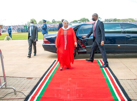 First Lady Margaret Kenyatta arriving at Uhuru Gardens for Madaraka Day celebrations on June 1, 2022.