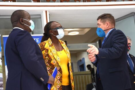 From Left: Interior CS Fred Matiang'i, Trade CS Betty Maina and Ambassador Kyle McCarter on July 8, 2020.