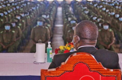 Interior CS Fred Matiang'i arrives in Nyeri County for the official opening ceremony of the direct entry cadet inspectors course at the National Police College Kiganjo Campus on Friday, April 30, 2021.