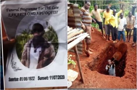 Fake burial brochures and photos of men digging his parent's grave.