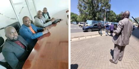 A photo collage of Korogocho MCA Absalom Odhiambo (centre left) with his lawyer Apollo Mboya (centre right) at the NCIC , Britam Towers offices on January 30, 2023.