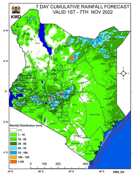 A Kenya Met map showing rainfall distributions in Kenya for a period of seven days.